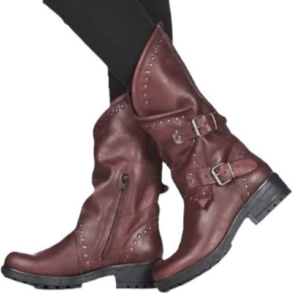 Musse & Cloud Falida Size 37 US 6 6.5 Burgundy Wine Mid Calf Boots Moto Leather - Picture 1 of 14